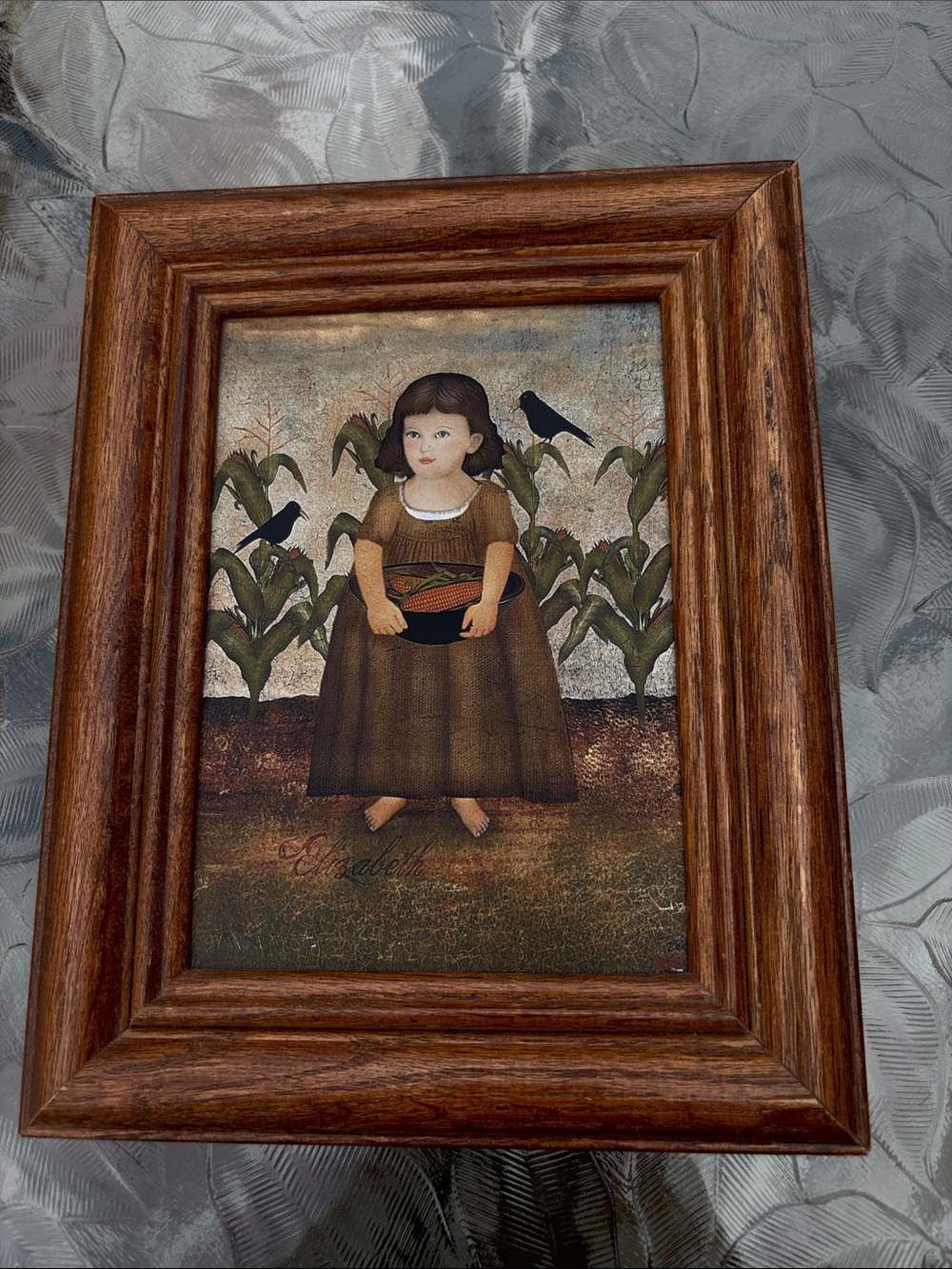 Framed Folk Art Girl with Corn